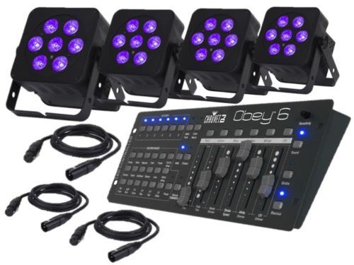 4x LEDJ Slimline 7 HEX 6 Uplighters inc. DMX Controller and Cables ...